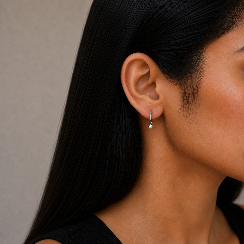 Classic Solitaire Diamond Hoop Earring in Sterling Silver